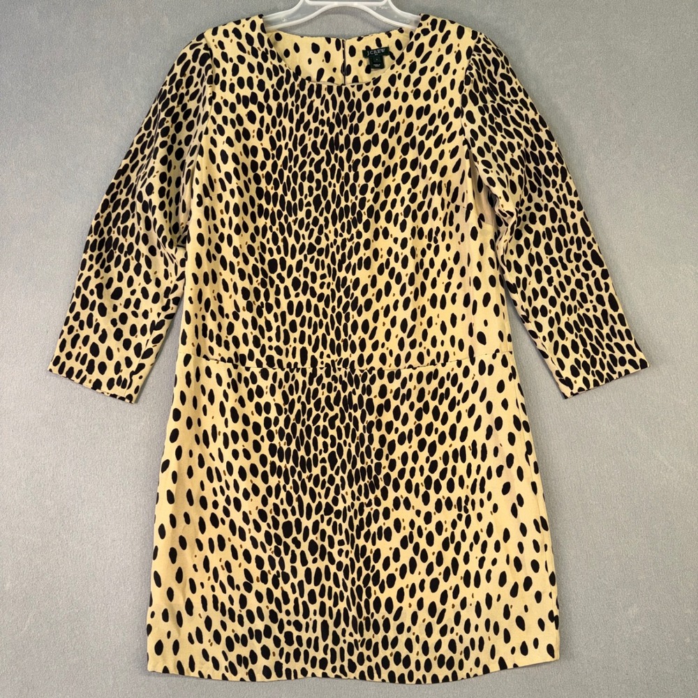 J.Crew Women Tan Black Animal Print Shift Dress 3/4 Sleeve Pockets Size 2